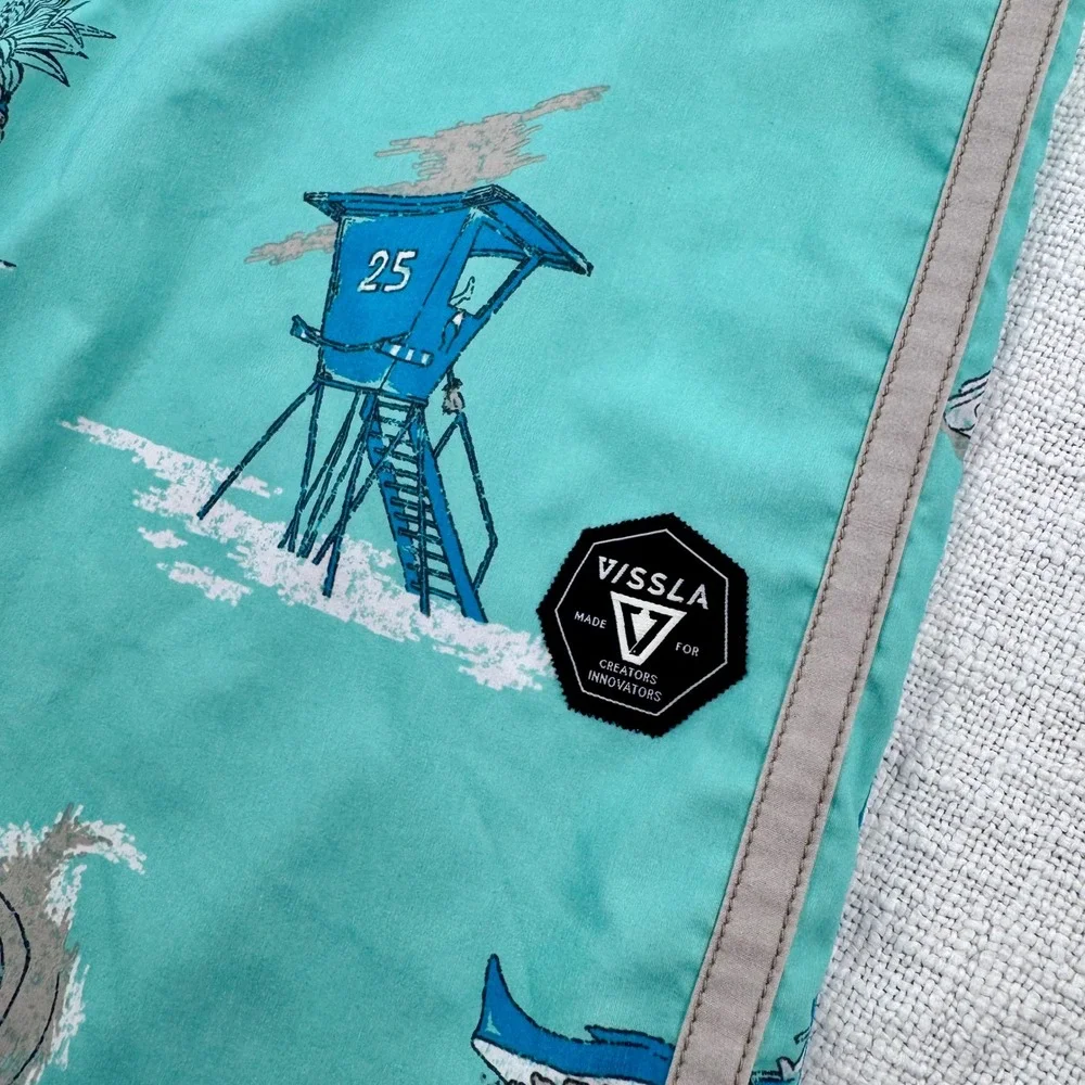 Vissla Board Shorts Mens 36 Teal Beach Print Coconut Stretch‎ Trunks M1104HEL